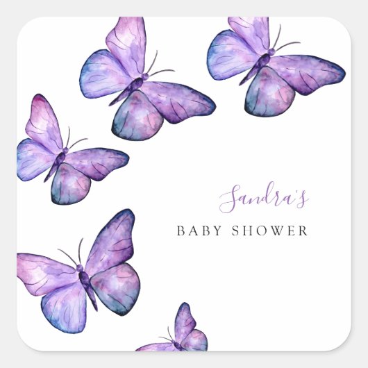 Butterfly Baby Shower Skript Custom Minimal Lila Quadratischer Aufkleber (Vorderseite)