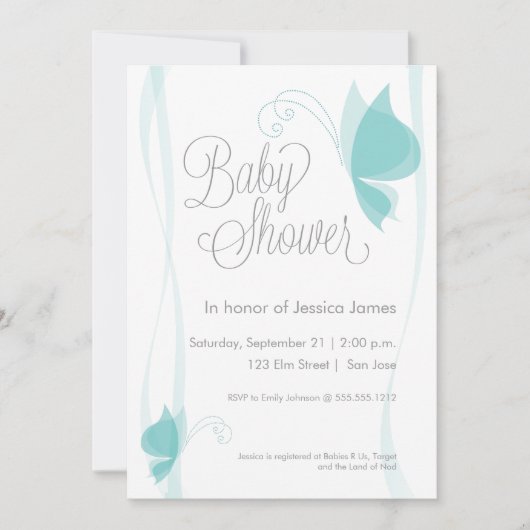 Butterfly-Babydusche - blau Einladung (Vorderseite)