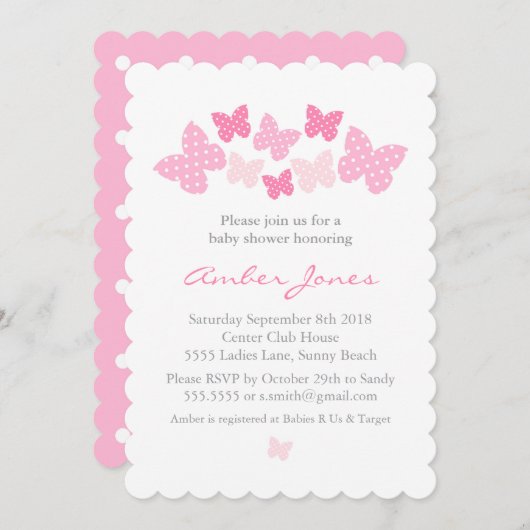 Butterfly-Babydusche - Einladung - Rosa (Vorne/Hinten)