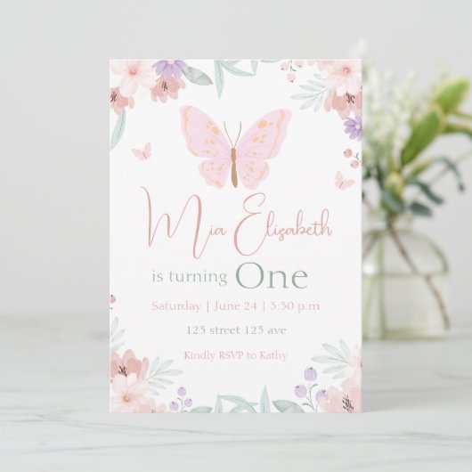 Butterfly Birthday Einladung (Stehend Vorderseite)
