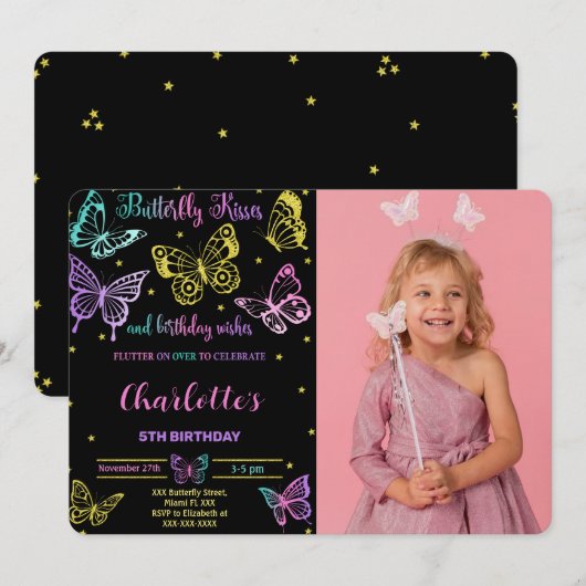 Butterfly Birthday Foto Einladung (Vorne/Hinten)