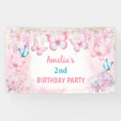 Butterfly Birthday Girl Pink Summer Floral Banner (Horizontal)