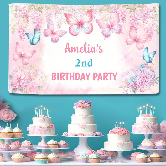 Butterfly Birthday Girl Pink Summer Floral Banner