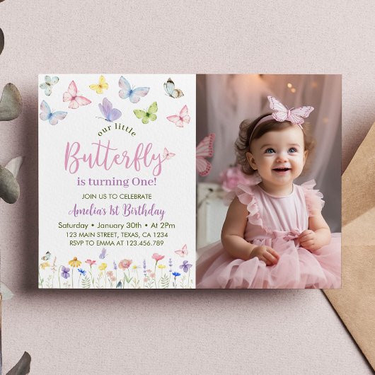 Butterfly Birthday Invitation Baby Girl Foto Dankeskarte