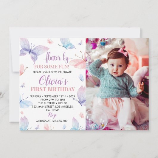 Butterfly Birthday Invitation Girl Foto Dankeskarte (Vorderseite)