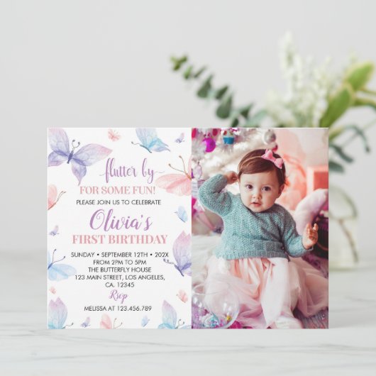 Butterfly Birthday Invitation Girl Foto Dankeskarte (Stehend Vorderseite)