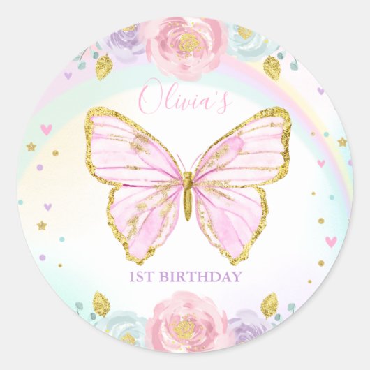 Butterfly Birthday Party Rosa Floral Butterfly Runder Aufkleber (Vorderseite)