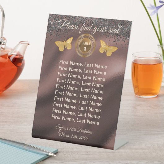 Butterfly & Black Glitzer, Foil Tischnummer Zeiche Sockelschild (In Situ)