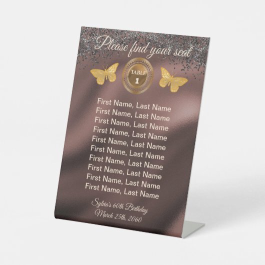 Butterfly & Black Glitzer, Foil Tischnummer Zeiche Sockelschild (Vorderseite)