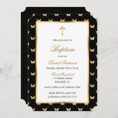 Butterfly Black Gold Cross Elegante Script Taufe Einladung (Vorne/Hinten)