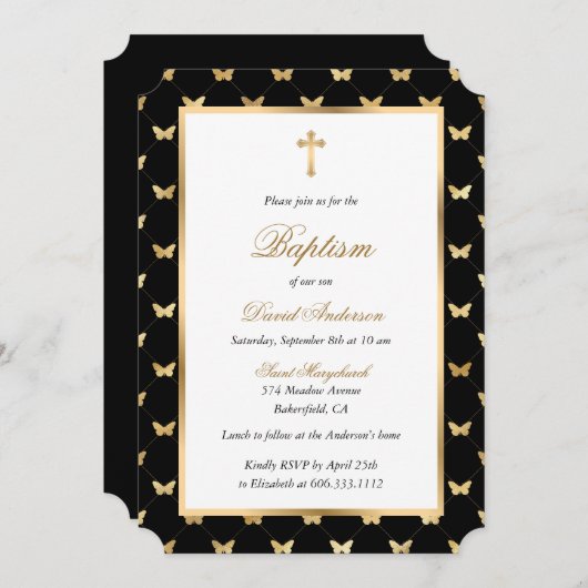 Butterfly Black Gold Cross Elegante Script Taufe Einladung (Vorne/Hinten)