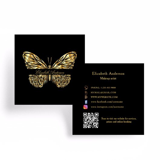 Butterfly Black Gold QR-Code Quadratische Visitenkarte