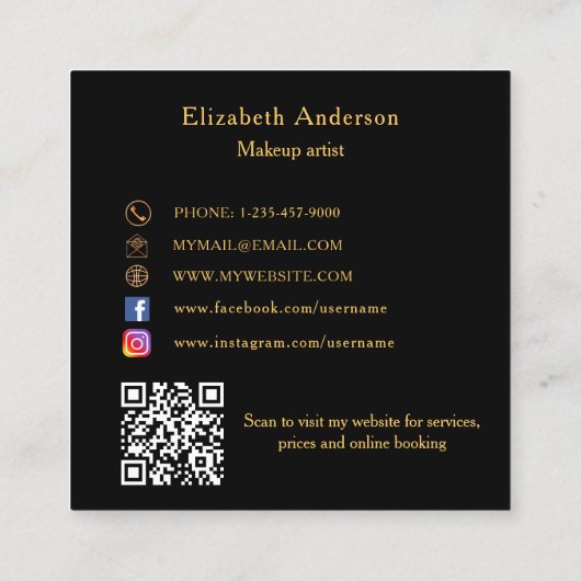 Butterfly Black Gold QR-Code Quadratische Visitenkarte (Rückseite)