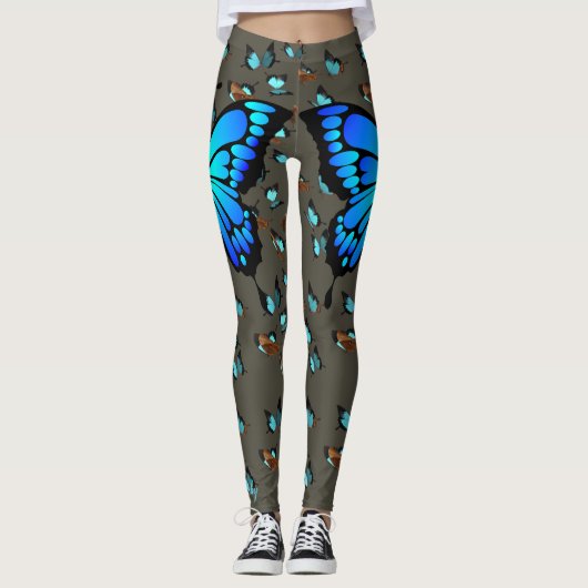 Butterfly Blue Aquamarin auf Grau Leggings S bis X (Vorderseite)