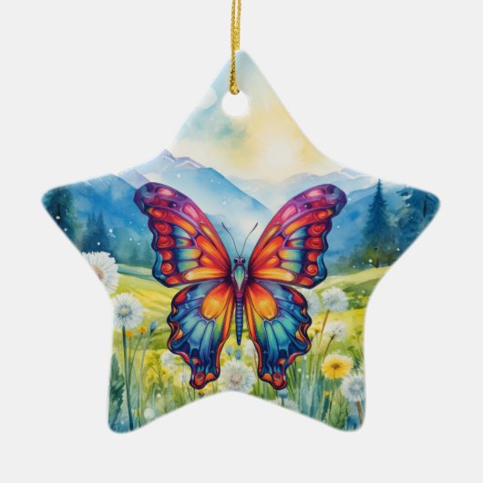 Butterfly Blue Orange Wings Keramik Ornament (Vorne)