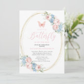 Butterfly Blue Pink Floral Baby Dusche Einladung (Stehend Vorderseite)