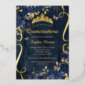 Butterfly Blume Elegant Gold Navy Quinceanera Folieneinladung (Vorderseite)