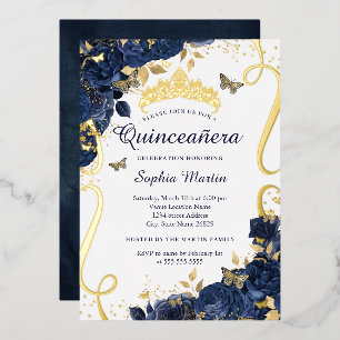 Butterfly Blume Elegant Navy Gold Quinceanera Folieneinladung