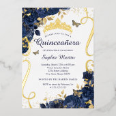 Butterfly Blume Elegant Navy Gold Quinceanera Folieneinladung (Vorderseite)