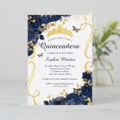 Butterfly Blume Elegant Navy Gold Quinceanera Folieneinladung (Stehend vorne)