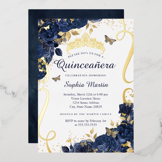 Butterfly Blume Elegant Navy Gold Quinceanera Folieneinladung (Vorderseite/Rückseite)