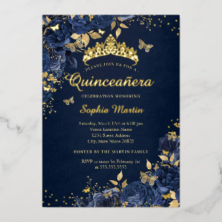 Butterfly Blume Gold Royal Navy Quinceanera Folieneinladung