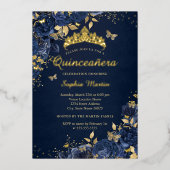 Butterfly Blume Gold Royal Navy Quinceanera Folieneinladung (Vorderseite)