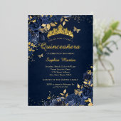 Butterfly Blume Gold Royal Navy Quinceanera Folieneinladung (Stehend vorne)