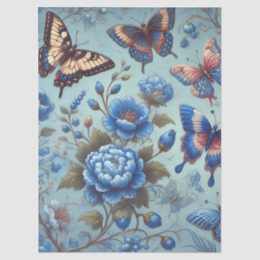 Butterfly-Blume Schmetterlinge blaue Decoupage Seidenpapier (Vorderseite)