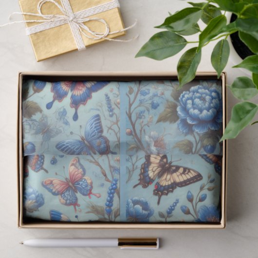 Butterfly-Blume Schmetterlinge blaue Decoupage Seidenpapier (Geschenk)