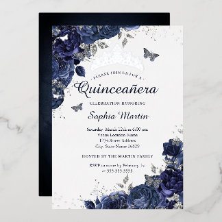 Butterfly Blumen Navy Silver Quinceanera Folieneinladung