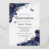 Butterfly Blumen Navy Silver Quinceanera Folieneinladung (Vorderseite)