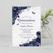 Butterfly Blumen Navy Silver Quinceanera Folieneinladung (Stehend vorne)