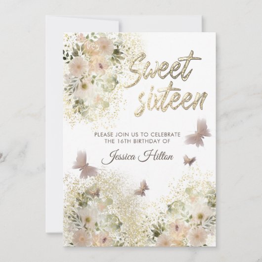 Butterfly Blumengarten 16 . Geburtstag Einladung (Vorderseite)