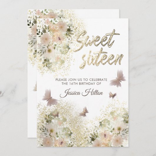 Butterfly Blumengarten 16 . Geburtstag Einladung (Vorne/Hinten)