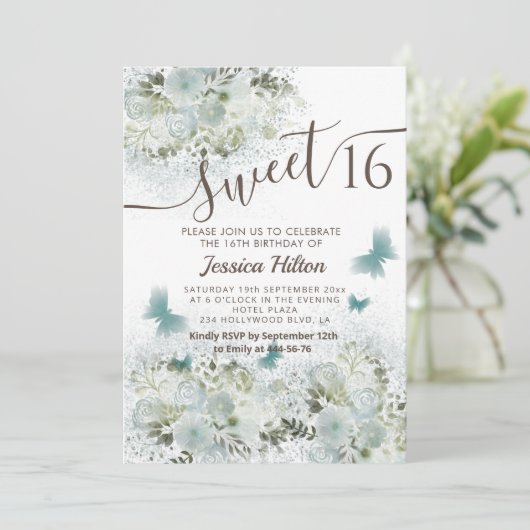 Butterfly Blumengarten 16 . Geburtstag Einladung (Stehend Vorderseite)