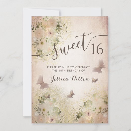 Butterfly Blumengarten 16 . Geburtstag Einladung (Vorderseite)
