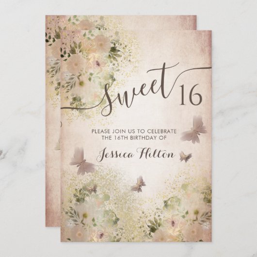 Butterfly Blumengarten 16 . Geburtstag Einladung (Vorne/Hinten)