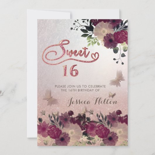 Butterfly Blumengarten 16 . Geburtstag Einladung (Vorderseite)