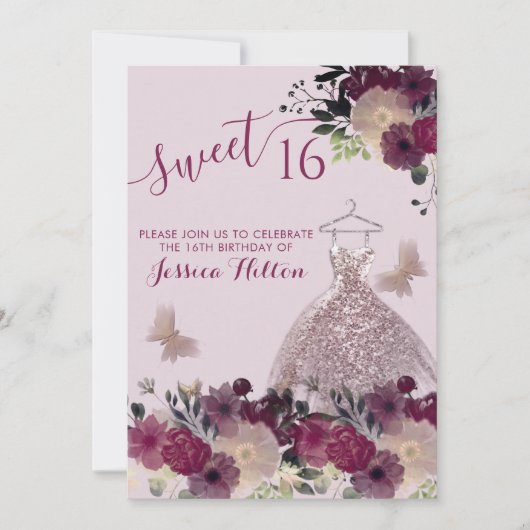 Butterfly Blumengarten 16 . Geburtstag Einladung (Vorderseite)