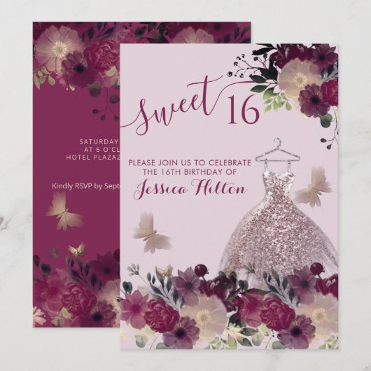 Butterfly Blumengarten 16 . Geburtstag Einladung (Vorne/Hinten)