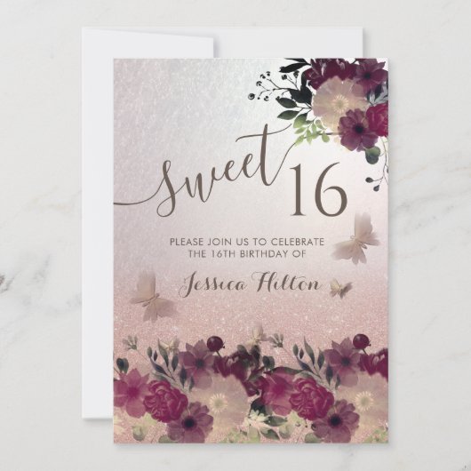 Butterfly Blumengarten 16 . Geburtstag Einladung (Vorderseite)