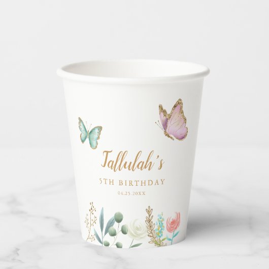 Butterfly Blumengarten Geburtstagsparty Pappbecher (Vorderseite)