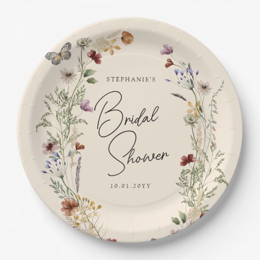 Butterfly Boho Fall Wildblumen Brautparty Pappteller (Vorderseite)