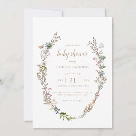 Butterfly Boho Foliage Wreath Baby Dusche Invitati Einladung (Vorderseite)