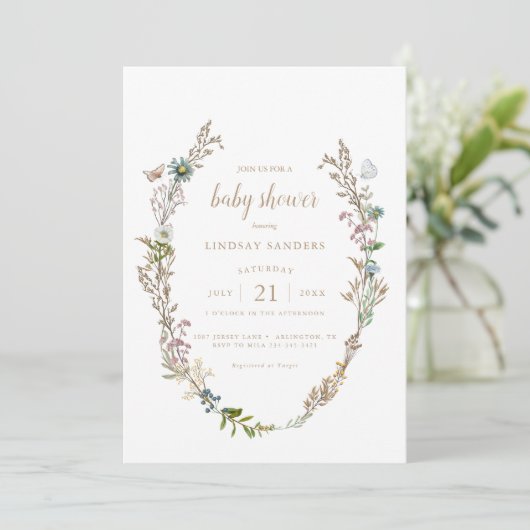 Butterfly Boho Foliage Wreath Baby Dusche Invitati Einladung (Stehend Vorderseite)