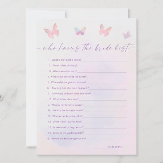Butterfly-Brautparty, das Bride Game Card kennt Einladung (Vorderseite)
