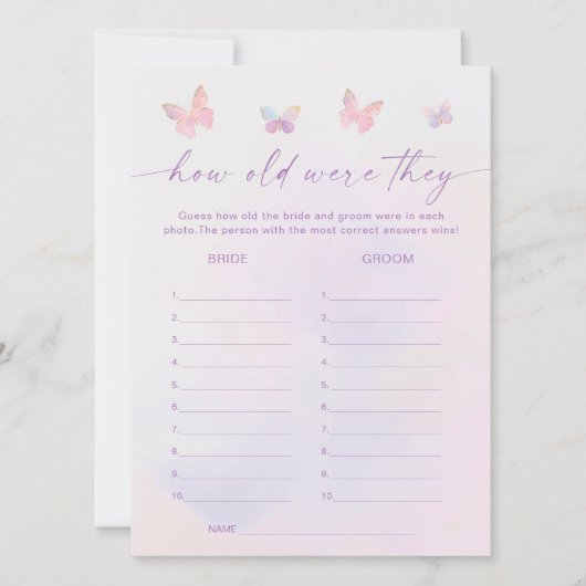 Butterfly Brautparty Guess Age Game Card Einladung (Vorderseite)