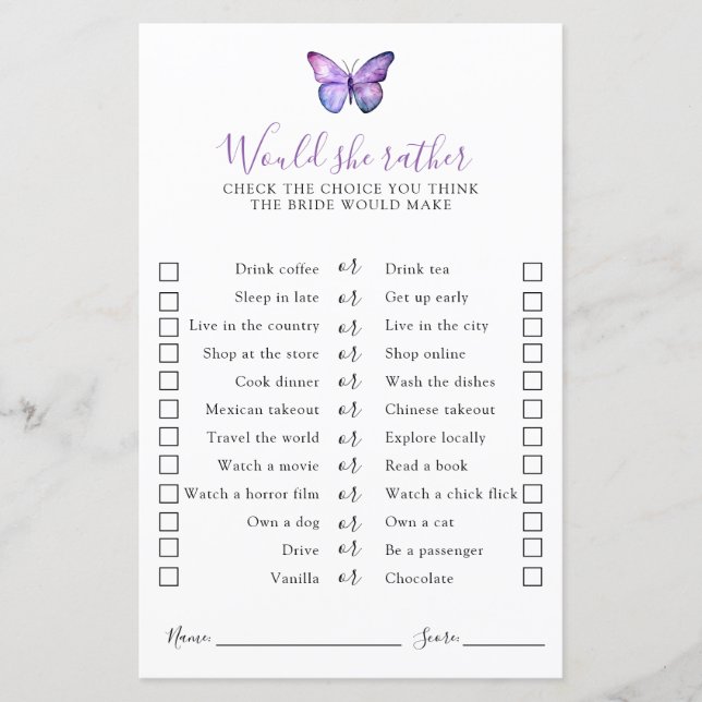 Butterfly-Brautparty Würde sie lieber spielen (Vorderseite)