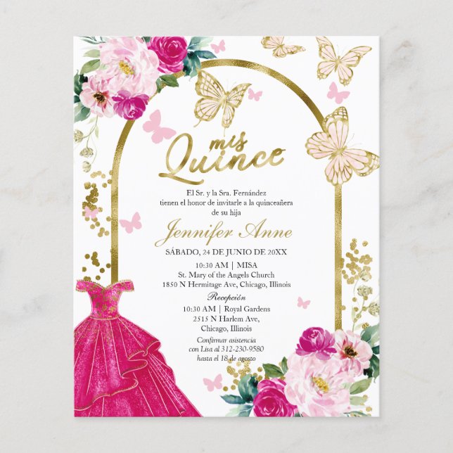 Butterfly Budget Spanische Quinceanera Einladungen (Vorderseite)